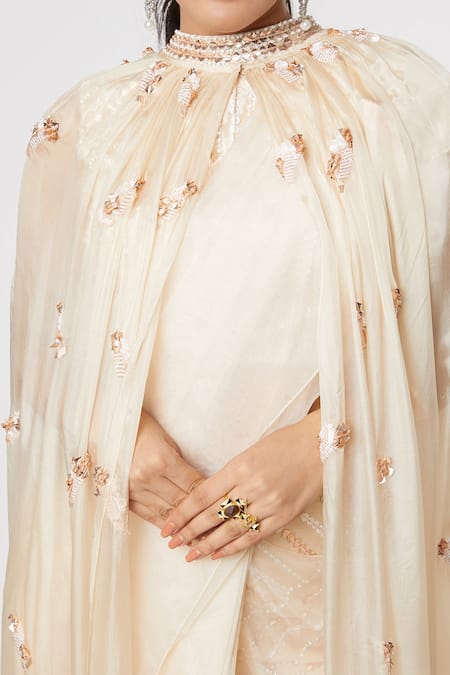 Masumi Mewawalla Gold Organza, Dupion, Tabby Silk Round Pre-draped Pant Saree Set at Aza Fashions Masumi Mewawalla_Gold Organza, Dupion, Tabby Silk Round Pre-draped Pant Saree Set _at_Aza_Fashions