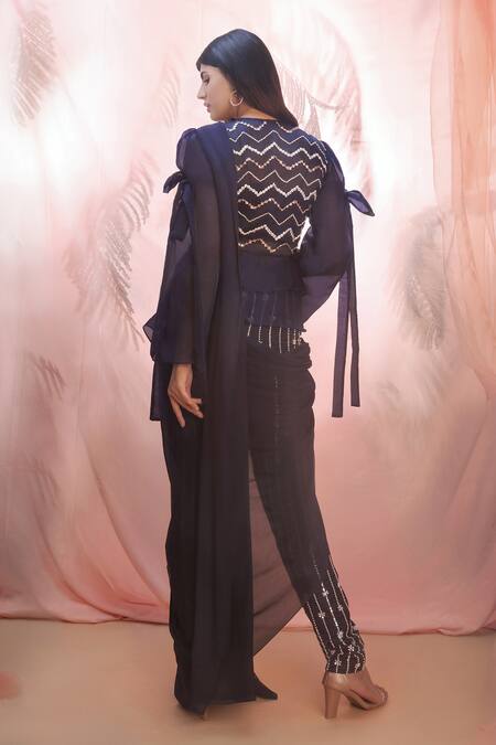 Shop Masumi Mewawalla Blue Silk, Organza, Crepe Jacket Round Embroidered With Pant Saree Set at Aza Fashions Shop_Masumi Mewawalla_Blue Silk, Organza, Crepe Jacket Round Embroidered With Pant Saree Set_at_Aza_Fashions