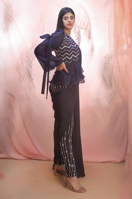 Masumi Mewawalla Blue Silk, Organza, Crepe Jacket Round Embroidered With Pant Saree Set Online at Aza Fashions Masumi Mewawalla_Blue Silk, Organza, Crepe Jacket Round Embroidered With Pant Saree Set_Online_at_Aza_Fashions