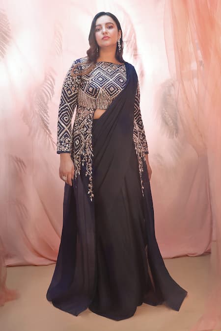 Masumi Mewawalla Blue Silk Embroidery Round Jacket And Saree Set  