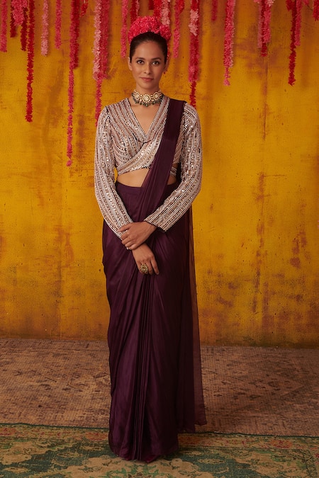 Masumi Mewawalla Purple Organza, Dupion Bead Work, Pre-draped Saree Embroidered Blouse Set