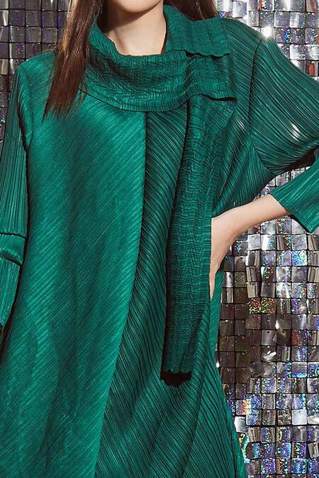 Buy_Tasuvure_Green Pleated Fabric Scarf Neck Serena Dress_Online_at_Aza_Fashions