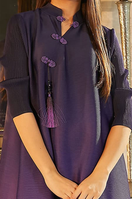 Buy_Tasuvure_Purple Pleated Fabric Tassels Band Ombre Dress_Online_at_Aza_Fashions