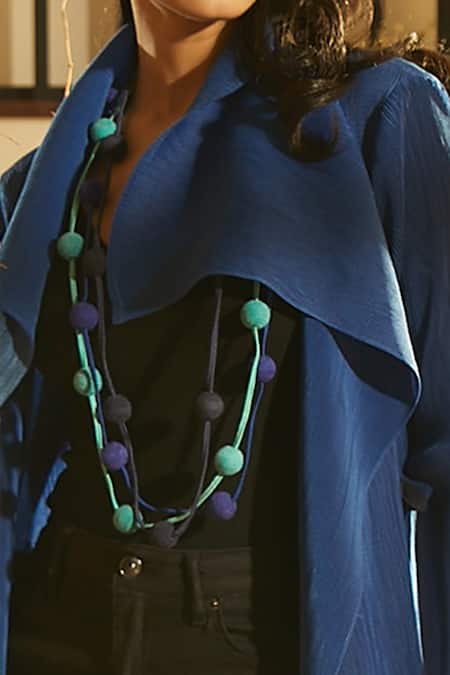 Buy Tasuvure Blue Pleated Fabric Lapel Collar Floral Applique Jacket Online at Aza Fashions Buy_Tasuvure_Blue Pleated Fabric Lapel Collar Floral Applique Jacket _Online_at_Aza_Fashions