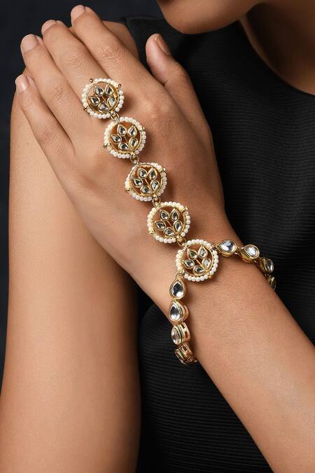 Buy_Paisley Pop_Gold Plated Pearls, Stones Floral Hathphool_Online_at_Aza_Fashions