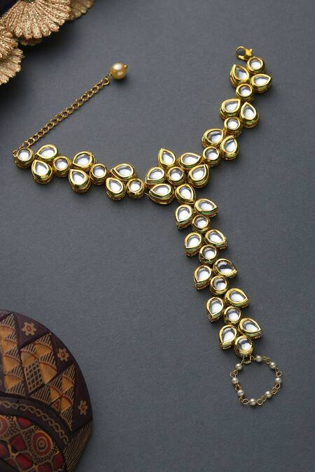 Paisley Pop_Gold Plated Pearls Kundan Hathphool _Online_at_Aza_Fashions