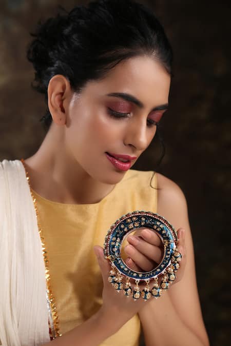 Paisley Pop_Gold Plated Pearls, Stones, Metallic Thread, Hand Painted Meenakari Jadau Bangle _Online_at_Aza_Fashions