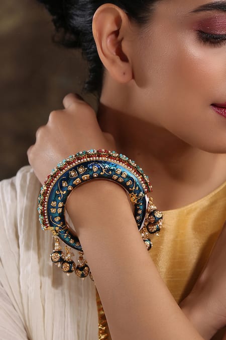 Buy_Paisley Pop_Gold Plated Pearls, Stones, Metallic Thread, Hand Painted Meenakari Jadau Bangle _Online_at_Aza_Fashions