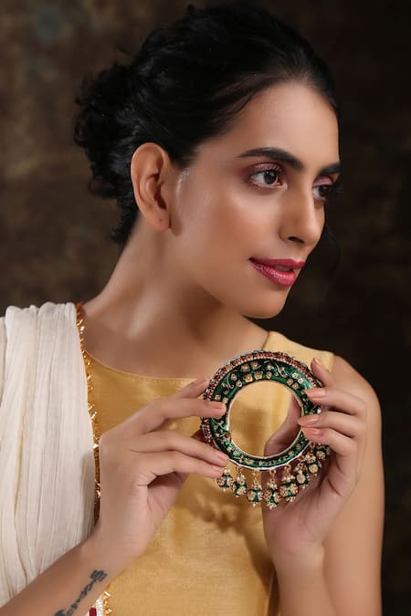 Paisley Pop_Gold Plated Pearls, Stones Hand Painted Meenakari Jadau Bangle _Online_at_Aza_Fashions