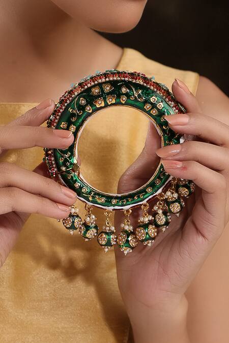 Buy_Paisley Pop_Gold Plated Pearls, Stones Hand Painted Meenakari Jadau Bangle _Online_at_Aza_Fashions