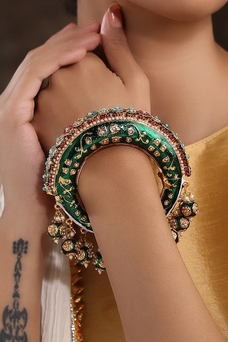 Shop_Paisley Pop_Gold Plated Pearls, Stones Hand Painted Meenakari Jadau Bangle _Online_at_Aza_Fashions