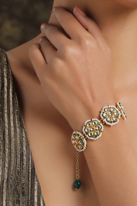 Paisley Pop Gold Plated Pearls Handcrafted Floral Kundan Bracelet Online at Aza Fashions Paisley Pop_Gold Plated Pearls Handcrafted Floral Kundan Bracelet _Online_at_Aza_Fashions