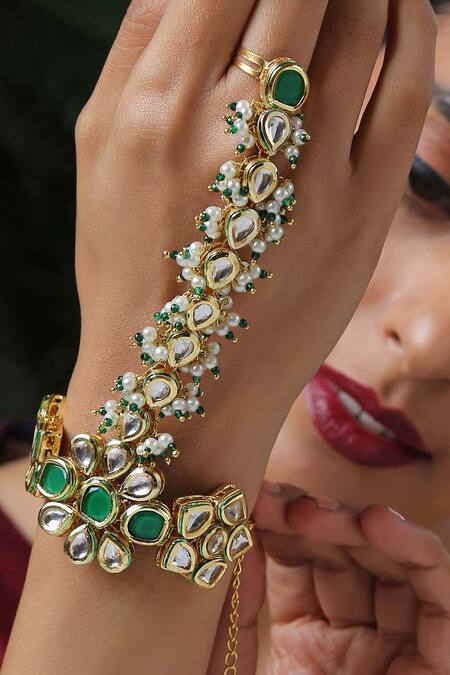 Shop Paisley Pop Gold Plated Pearls Kundan Hathphool Online at Aza Fashions Shop_Paisley Pop_Gold Plated Pearls Kundan Hathphool _Online_at_Aza_Fashions