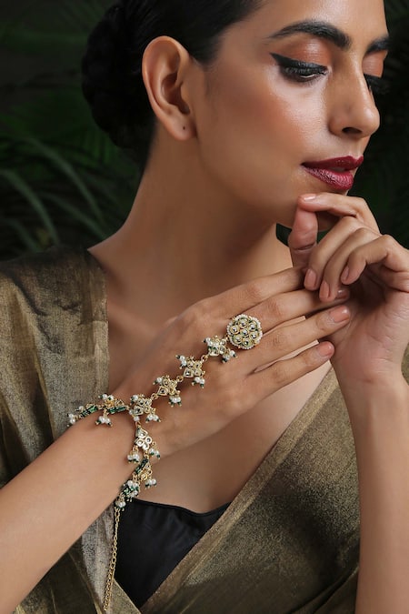 Buy_Paisley Pop_Gold Plated Pearls, Diamonds Kundan Hathphool _Online_at_Aza_Fashions