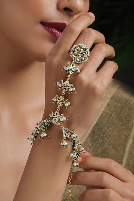 Shop_Paisley Pop_Gold Plated Pearls, Diamonds Kundan Hathphool _Online_at_Aza_Fashions