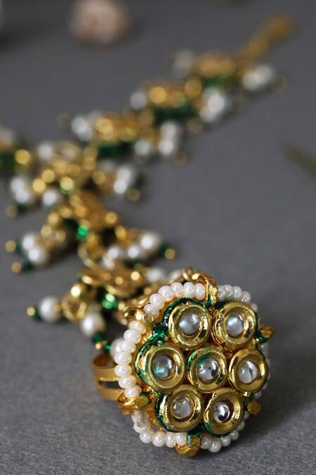 Paisley Pop_Gold Plated Pearls, Diamonds Kundan Hathphool _at_Aza_Fashions