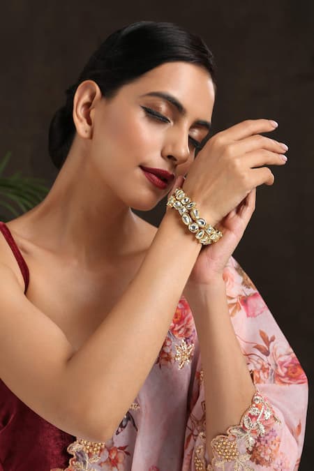 Paisley Pop_Gold Plated Crystals Kundan Bracelet _Online_at_Aza_Fashions