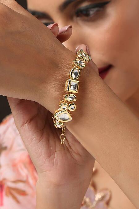 Shop Paisley Pop Gold Plated Crystals Kundan Bracelet Online at Aza Fashions Shop_Paisley Pop_Gold Plated Crystals Kundan Bracelet _Online_at_Aza_Fashions