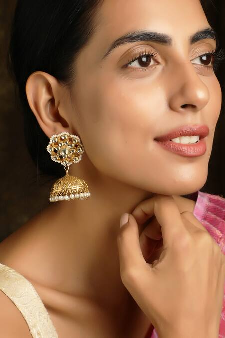 Buy Paisley Pop Gold Plated Beads Kundan Jhumkas at Aza Fashions Buy_Paisley Pop_Gold Plated Beads Kundan Jhumkas_at_Aza_Fashions