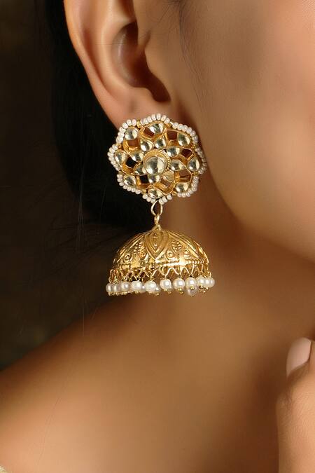 Buy Paisley Pop Gold Plated Beads Kundan Jhumkas Online at Aza Fashions Buy_Paisley Pop_Gold Plated Beads Kundan Jhumkas_Online_at_Aza_Fashions