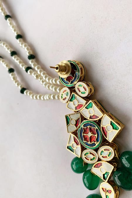 Paisley Pop_Gold Plated Beads, Diamonds Meenakari Earrings _at_Aza_Fashions