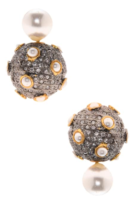 Paisley Pop_Silver Plated Fabric Flowers, Diamonds, Pearls Stone Earrings_Online_at_Aza_Fashions