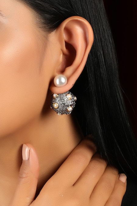 Buy_Paisley Pop_Silver Plated Fabric Flowers, Diamonds, Pearls Stone Earrings_Online_at_Aza_Fashions