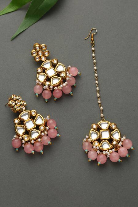 Buy_Paisley Pop_Gold Plated Stones, Beads Kundan Danglers With Maangtikka _Online_at_Aza_Fashions