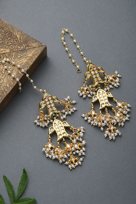 Buy_Paisley Pop_Gold Plated Fabric Flowers, Pearls Kundan Tiered Chandeliers_Online_at_Aza_Fashions