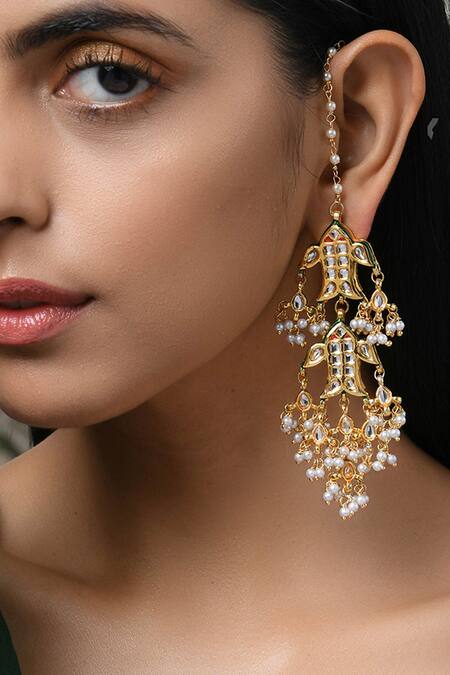 Shop_Paisley Pop_Gold Plated Fabric Flowers, Pearls Kundan Tiered Chandeliers_Online_at_Aza_Fashions