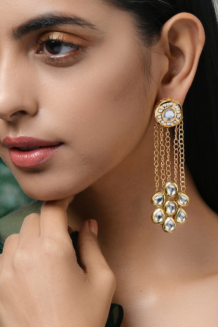 Shop_Paisley Pop_Gold Plated Diamonds, Stones Kundan Chain Danglers _Online_at_Aza_Fashions