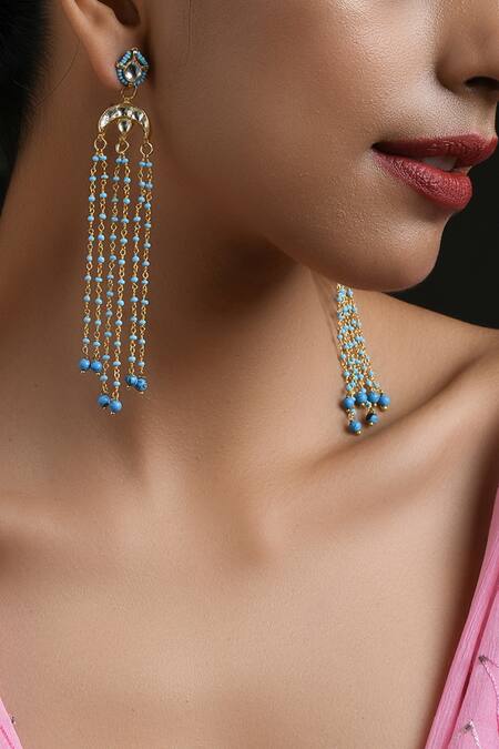 Paisley Pop_Blue Beads Kundan Chain Earrings _Online_at_Aza_Fashions
