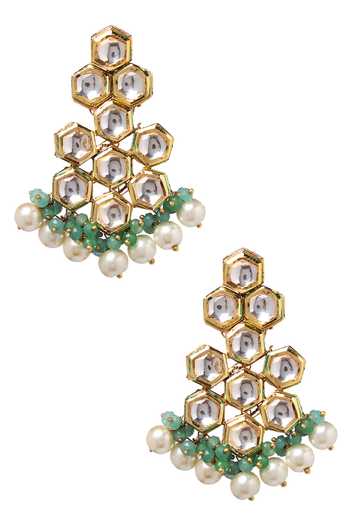 Paisley Pop_Gold Plated Stones, Beads, Gota Patti Kundan Earrings With Maangtikka _Online_at_Aza_Fashions
