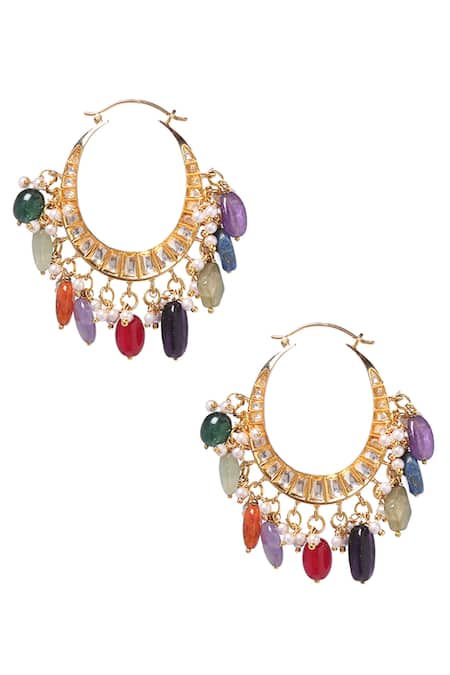 Paisley Pop Gold Plated Fabric Flowers, Stones Handcrafted Kundan Polki Hoops Online at Aza Fashions Paisley Pop_Gold Plated Fabric Flowers, Stones Handcrafted Kundan Polki Hoops _Online_at_Aza_Fashions