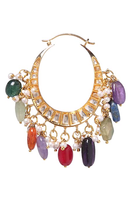 Buy_Paisley Pop_Gold Plated Fabric Flowers, Stones Handcrafted Kundan Polki Hoops _Online_at_Aza_Fashions