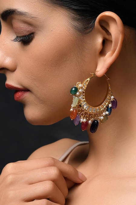 Shop Paisley Pop Gold Plated Fabric Flowers, Stones Handcrafted Kundan Polki Hoops Online at Aza Fashions Shop_Paisley Pop_Gold Plated Fabric Flowers, Stones Handcrafted Kundan Polki Hoops _Online_at_Aza_Fashions