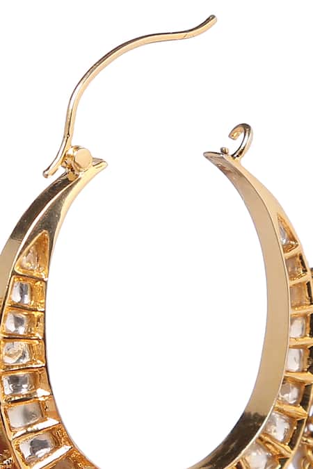 Paisley Pop_Gold Plated Fabric Flowers, Stones Handcrafted Kundan Polki Hoops _at_Aza_Fashions