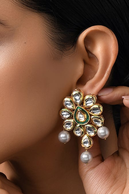 Paisley Pop_Gold Plated Kundan Handcrafted Floral Bead Drop Danglers _Online_at_Aza_Fashions