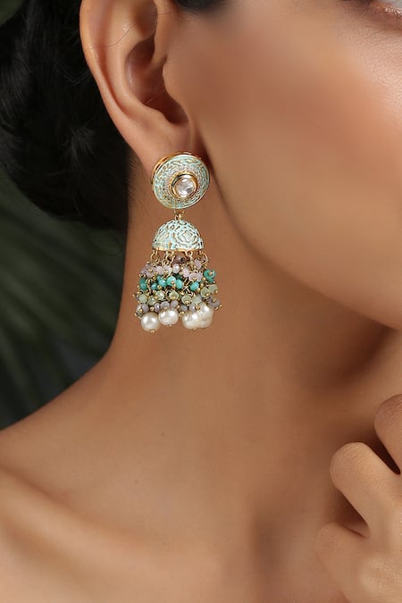 Paisley Pop_Gold Plated Kundan Handcrafted Enamel Jhumkas _Online_at_Aza_Fashions