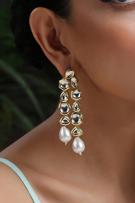 Shop_Paisley Pop_Gold Plated Pearls, Gota Patti Kundan Earrings _Online_at_Aza_Fashions