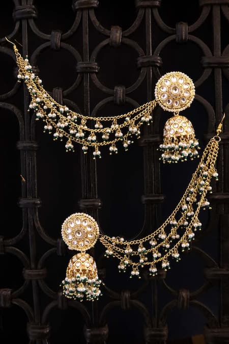 Kundan Hair Chain Earrings Jhumkas With Hair Chain Bridesmaid Earrings Gift  Earring - Etsy