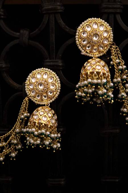 Paisley Pop_Gold Plated Kundan Ear Chain Jhumka Earrings_at_Aza_Fashions
