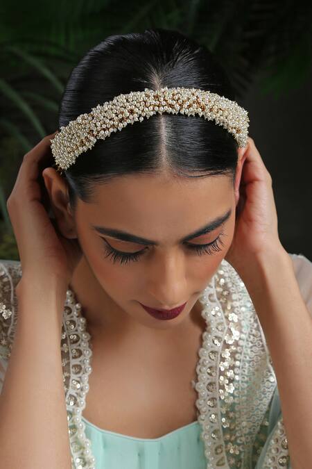 Paisley Pop Gold Pearls Embellished Headband Online at Aza Fashions Paisley Pop_Gold Pearls Embellished Headband_Online_at_Aza_Fashions