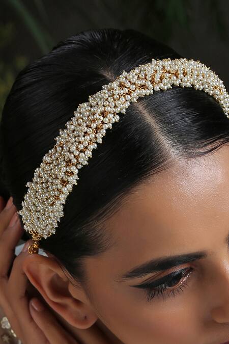 Shop Paisley Pop Gold Pearls Embellished Headband Online at Aza Fashions Shop_Paisley Pop_Gold Pearls Embellished Headband_Online_at_Aza_Fashions