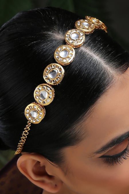 Shop Paisley Pop Gold Kundan Encrusted Headband Online at Aza Fashions Shop_Paisley Pop_Gold Kundan Encrusted Headband _Online_at_Aza_Fashions