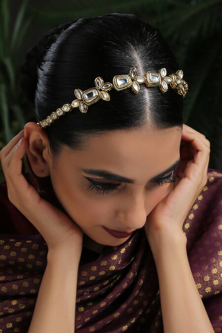 Paisley Pop Gold Kundan Floral Headband Online at Aza Fashions Paisley Pop_Gold Kundan Floral Headband _Online_at_Aza_Fashions