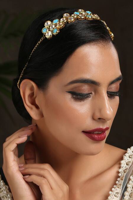 Paisley Pop_Gold Kundan Floral Headband _Online_at_Aza_Fashions