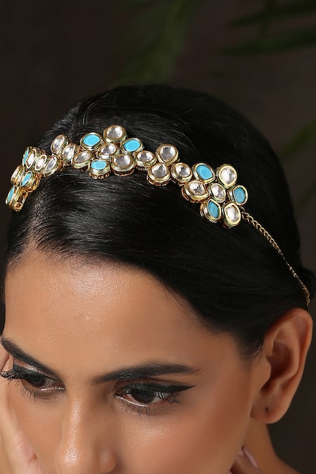 Shop_Paisley Pop_Gold Kundan Floral Headband _Online_at_Aza_Fashions