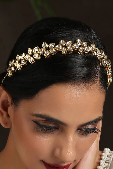 Shop Paisley Pop Gold Kundan Floral Headband Online at Aza Fashions Shop_Paisley Pop_Gold Kundan Floral Headband _Online_at_Aza_Fashions