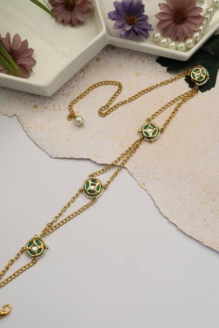 Shop_Paisley Pop_Gold Kundan Pearl Layered Chain Headband_at_Aza_Fashions